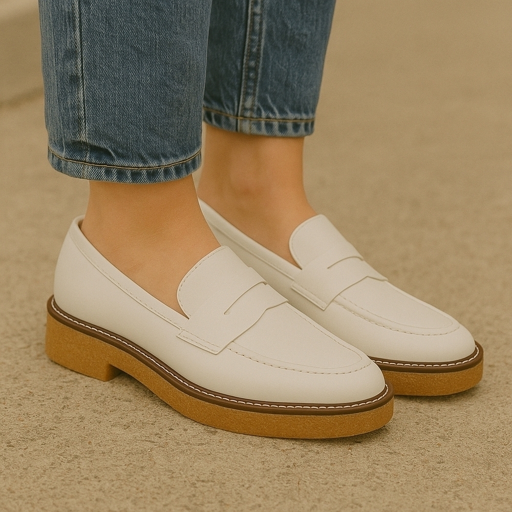 Bandolino White Penny Loafers with Tan Platform Sole